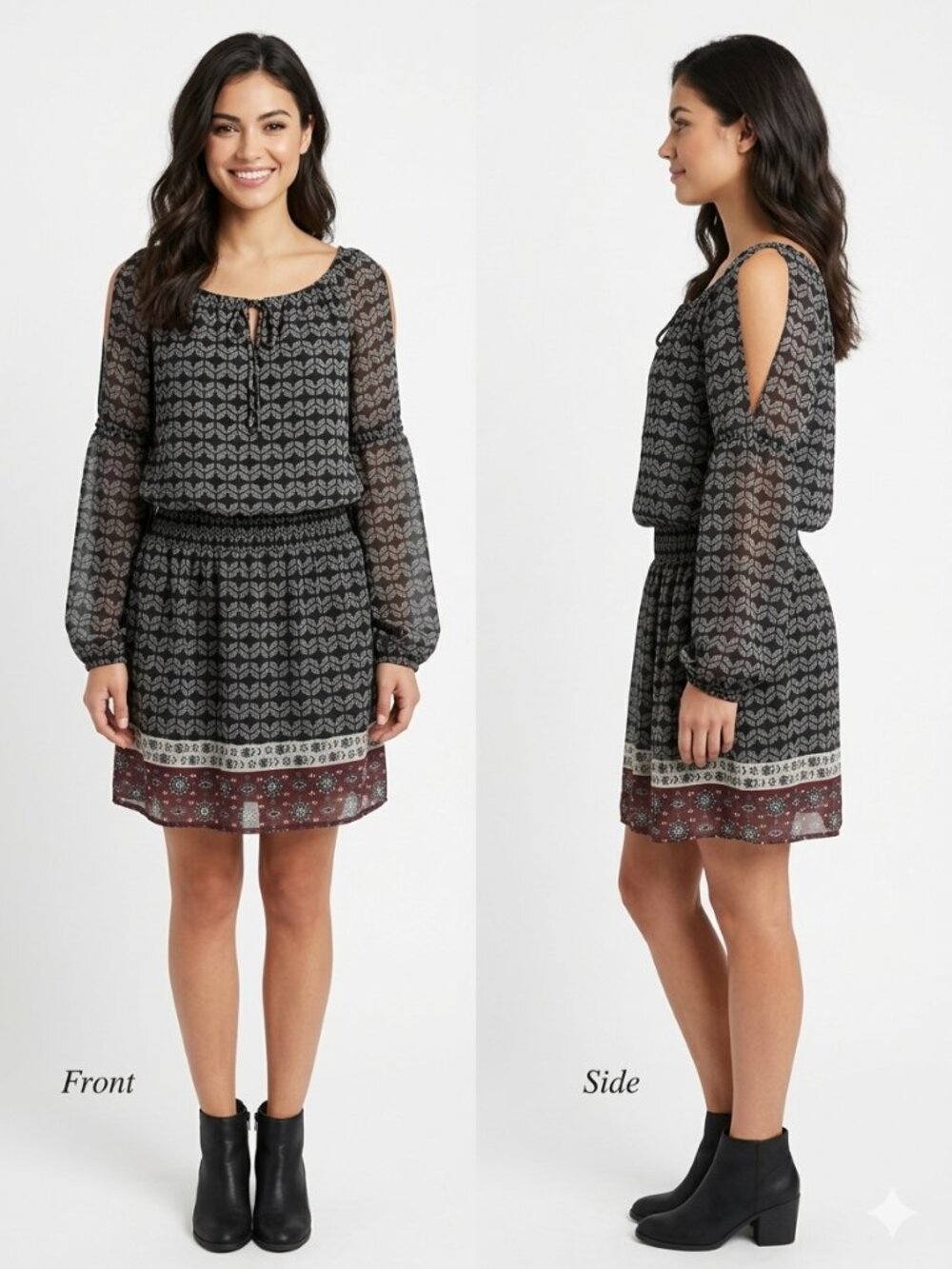 3 Hearts Women's Geometric Print Cold Shoulder Dress Boho Smocked Waist Size M